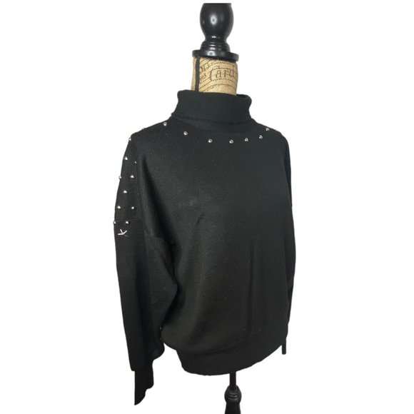 Meister Sweaters - Vintage 80's Meister Large Black Wool Blend Silver Star Studded Sweater Turtlnec